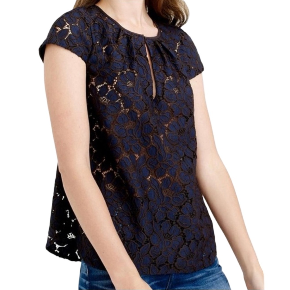J Crew Women Crew Neck Navy Floral Lace Cap Sleeve Blouse Size 0 Style C9865 NEW